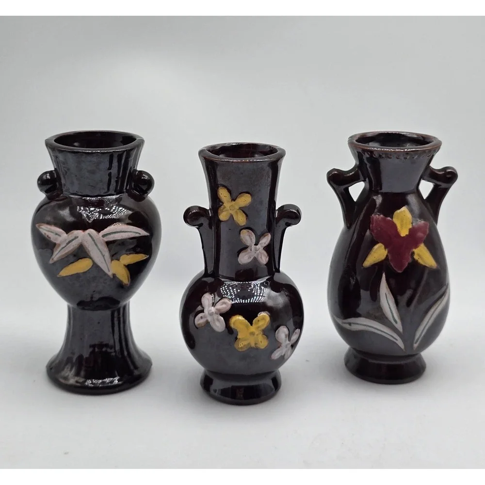 Vintage MCM Japan Miniature Bud Vase Set of 3 Dark Brown Floral Pottery 4